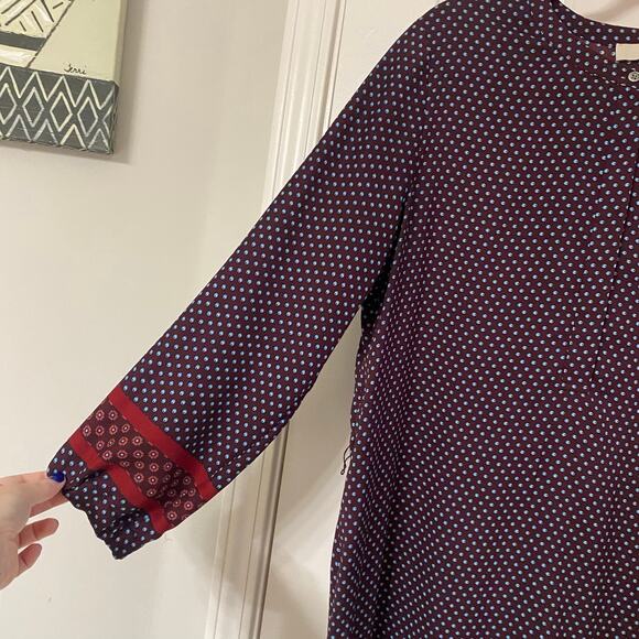 LOFT • Ann Taylor Burgundy Rust Blue Pattern Long Sleeve Side Split Dress - Picture 4 of 8